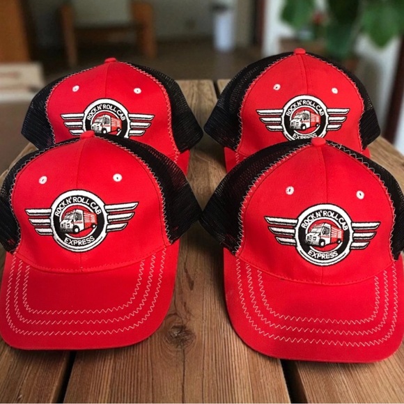 4 New Snap on Tools Rock & Roll Cab Express Red Black Trucker Hat Cap Topstitch - Picture 1 of 4